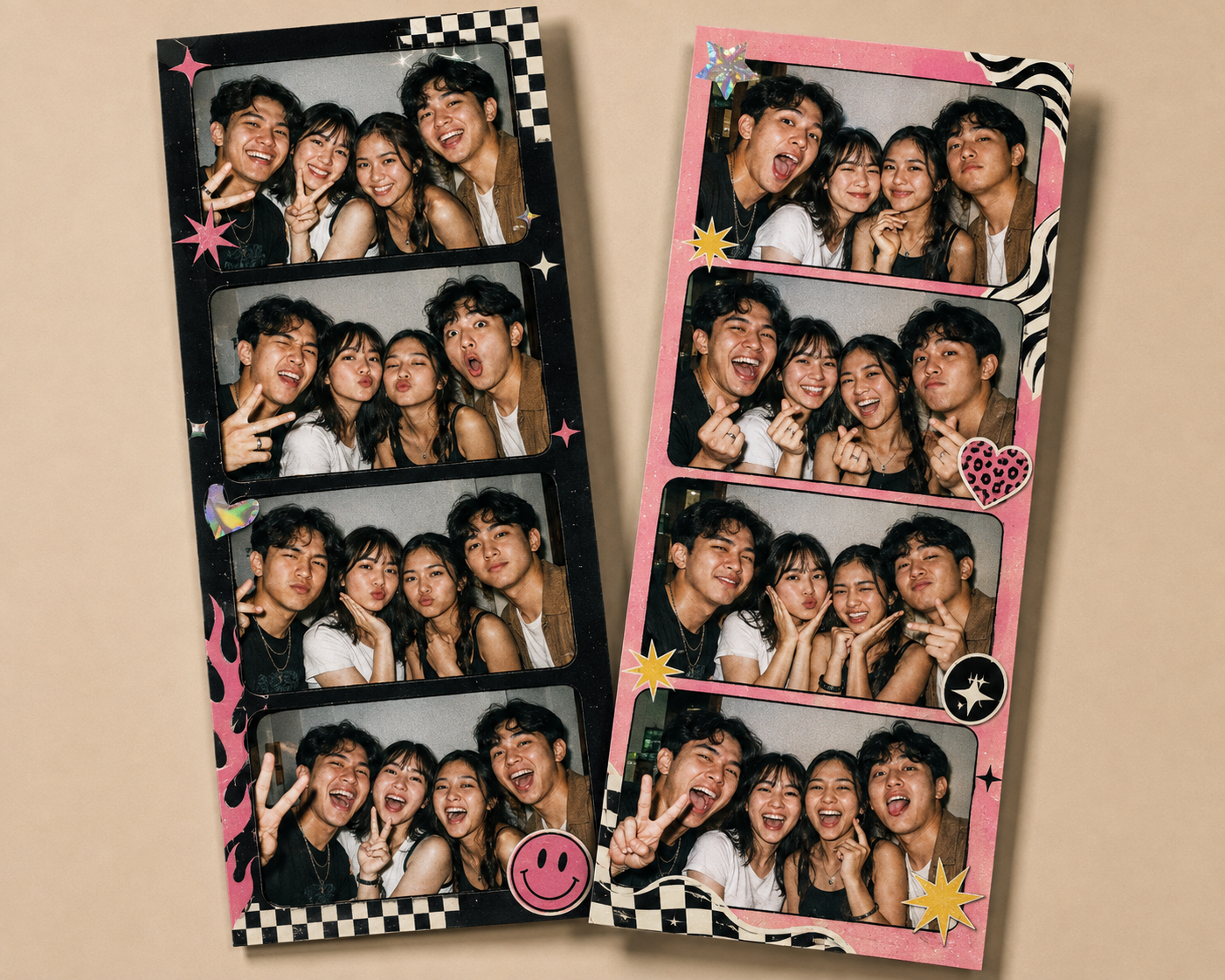 Dua photo strip hasil photobooth Rekam Rasa dengan frame checkerboard dan pink